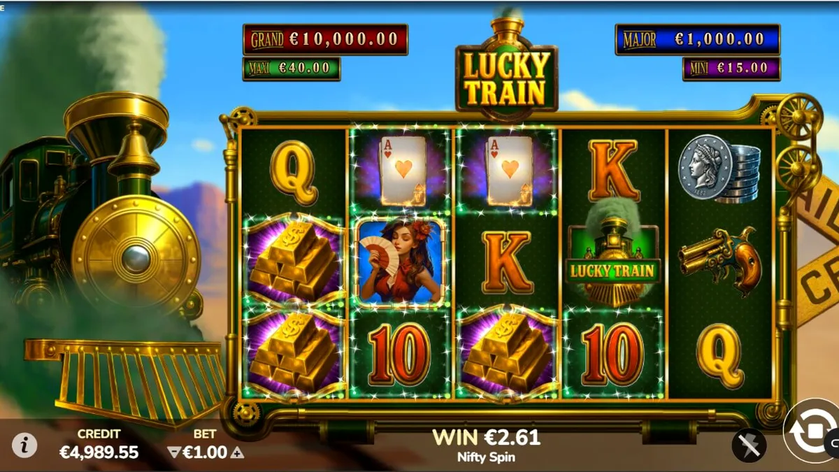 Tampilan visual permainan slot Lucky Train dengan tema Steampunk Wild West dan lokomotif