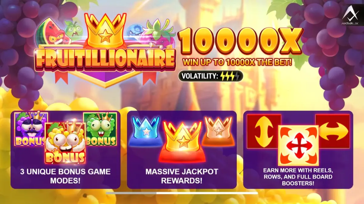 Tampilan visual slot Fruitillionaire dengan karakter buah yang marah