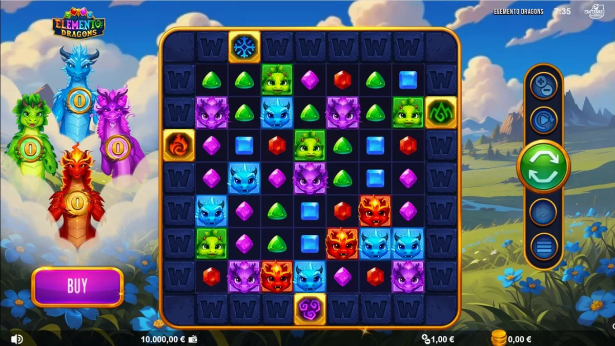Tampilan visual grid 9x9 dalam permainan slot Elemento Dragons dengan elemen naga.